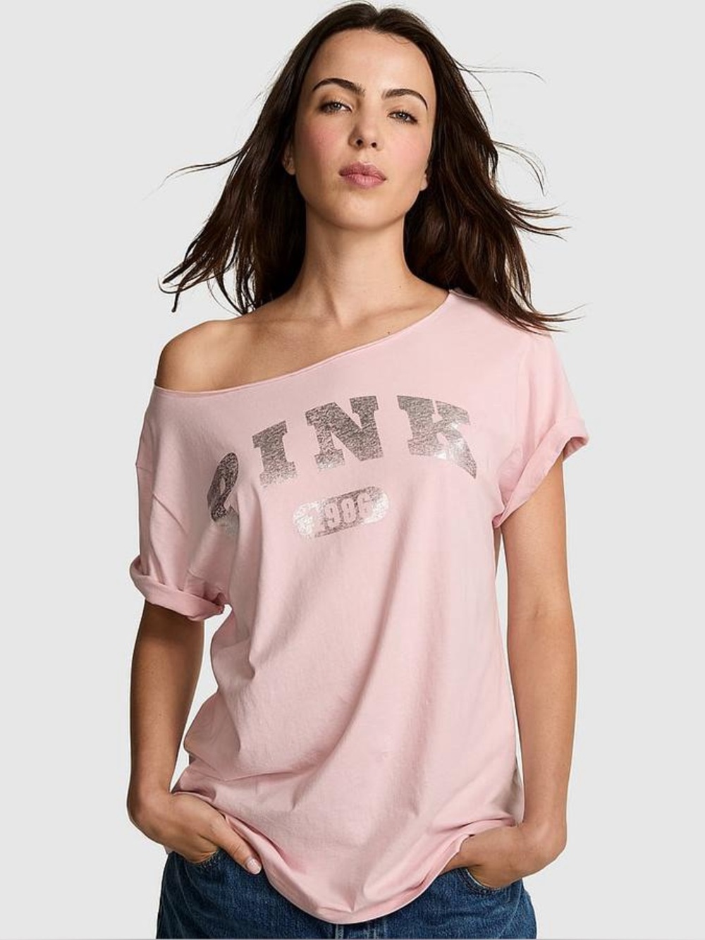 Victoria’s Secret PINK Campus Cotton Off-The-Shoulder Tee Doll House Core Logo M